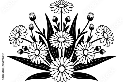 Black and White Botanical Daisy Bouquet Illustration
