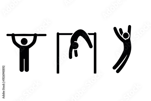 gymnastics icon set with hand drawn style showing exercises on horizontal bars and vault