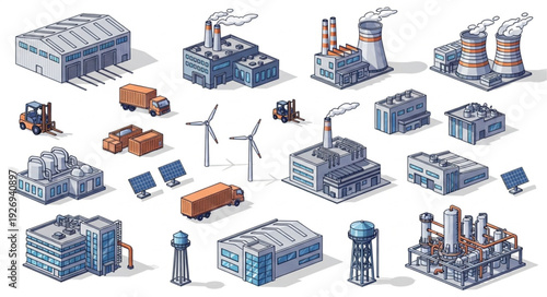 Various industrial buildings and structures representing different aspects of industry and energy production.
