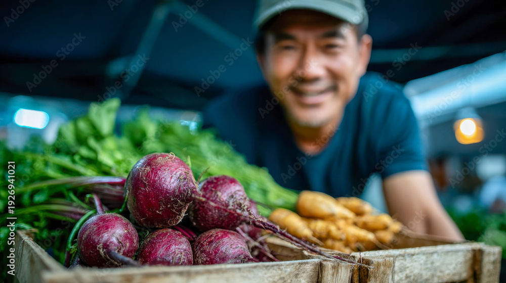 Fototapeta premium Farmer at street market presenting fresh root vegetables and greens, local organic produce close-up