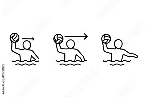 water polo player with ball throwing action hand drawn outline icons collection