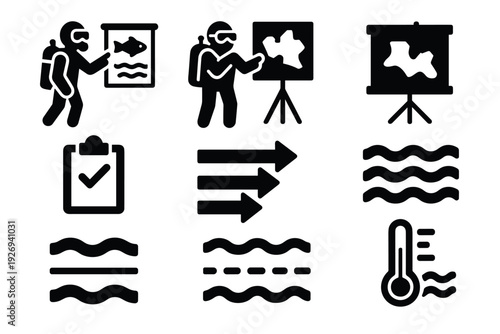 set of hand drawn black silhouette scuba diver geologist icons with water and temperature elements