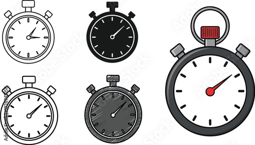 Collection of diverse stopwatch icons and illustrations, depicting time measurement, speed, deadlines, and precision. Essential graphic resources for sports, business, and productivity concepts.