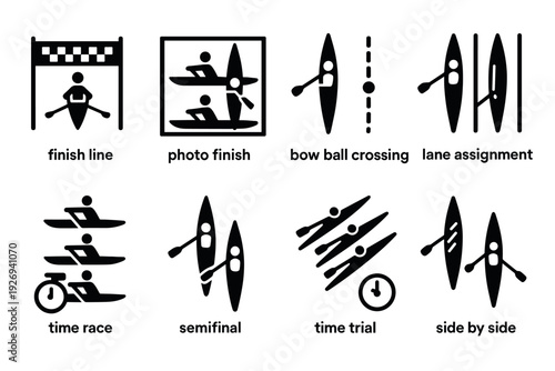 set of canoe kayak race icons in black and white flat style for sports and competition design