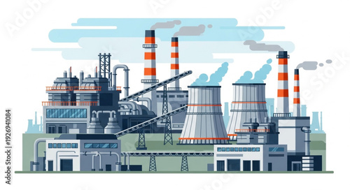 Industrial complex illustration depicting factories, chimneys, and processing plants, generating emissions.