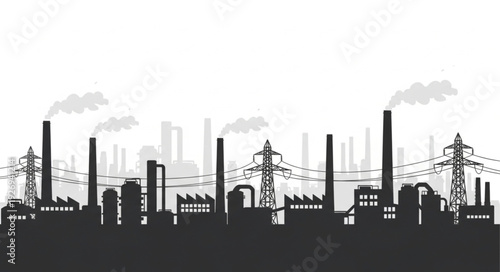 Silhouette of industrial factories with smoke stacks polluting the environment.