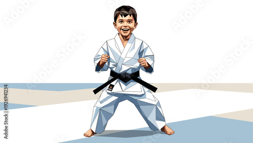smiling boy in karate gi with black belt in geometric vector style for martial arts training