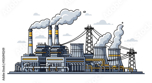 Industrial power plant emitting smoke into the atmosphere, environmental pollution concept.