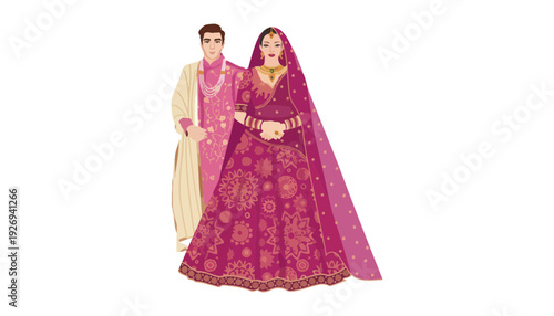 A traditional Indian couple illustration in vibrant pink and gold attire