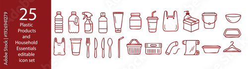 25 Plastic Products and Household Essentials Editable Icon Set