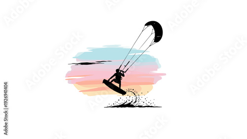 silhouette of a person kiteboarding with splash and sunset background hand drawn illustration