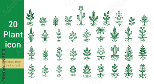 20 Plant and Botanical Line Editable Icon Set with Roots