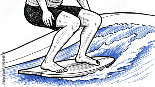 person surfing on wave hand drawn illustration with detailed line art and blue water depiction