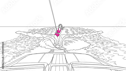 woman wakeboarding on ocean waves pulled by boat hand drawn line art illustration