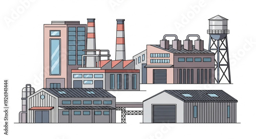 Industrial complex illustration depicting various factory buildings and structures in a row.