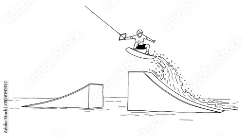 wakeboarder jumping off ramp holding tow rope hand drawn outline water sports illustration