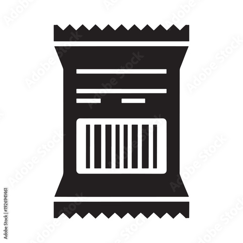 Simple black and white icon of a sealed food package or snack bag