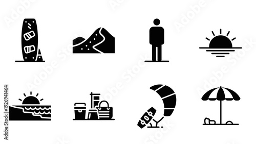 set of black and white beach summer vacation icons including surfboard, mountain, person, sunset, coastline, beach items, kite surfing, and umbrella in silhouette style