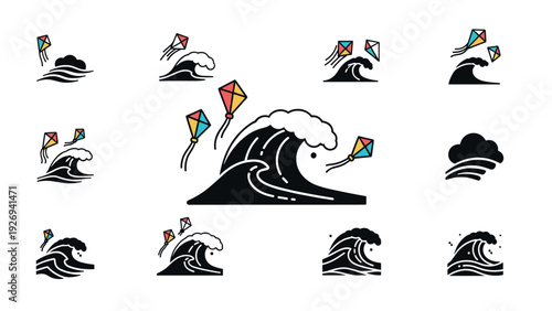 set of hand drawn ocean wave and colorful kite icons collection with simple silhouette style for nature and outdoor design