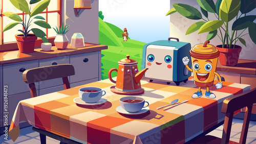 coffee, drinks, tea, teapot, table, kitchen, tablecloth, ficus, plants, wanderer, travel, rest, relaxation, thoughts, caffeine,