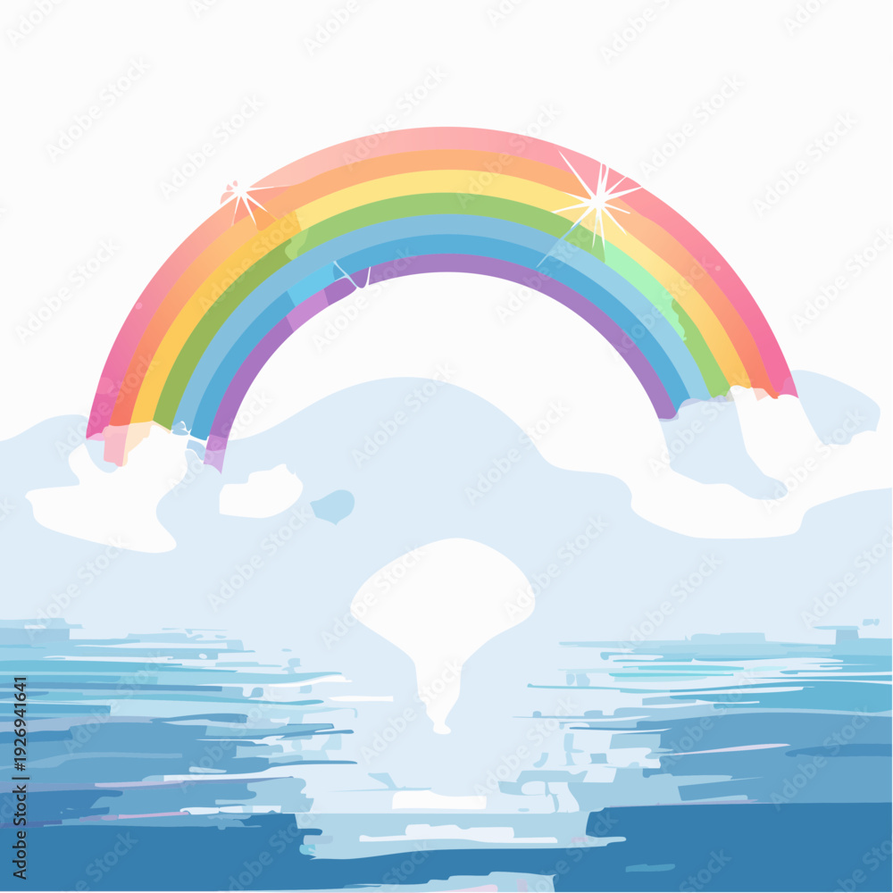 Fototapeta premium Vibrant Rainbow Arching Over Water with Sparkling Clouds, A Symbol of Hope and Joy