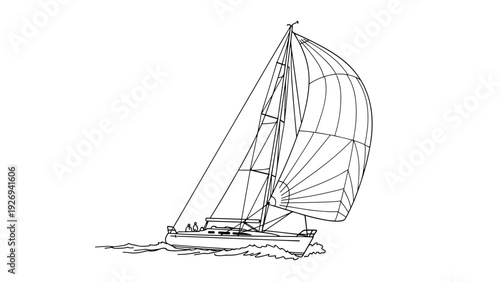 sailboat with large sails and crew hand drawn line art illustration for nautical and marine design