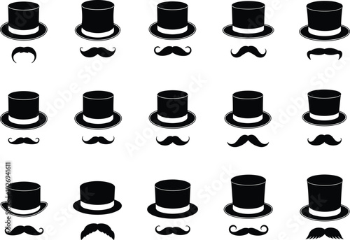 Gentleman silhouette icon collection featuring top hats and various mustache styles, vintage male fashion elements for party and barbershop isolated on white