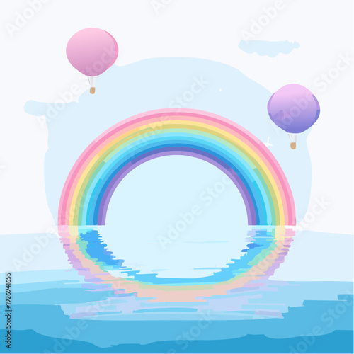 Dreamy Pastel Rainbow Reflection on Calm Water Surface with Floating Balloons Above