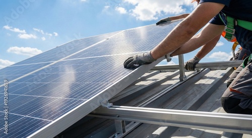 Professional installers in gloves adjusting the tilt of a large solar panel on a metal roof mounting frame under a clear blue sky