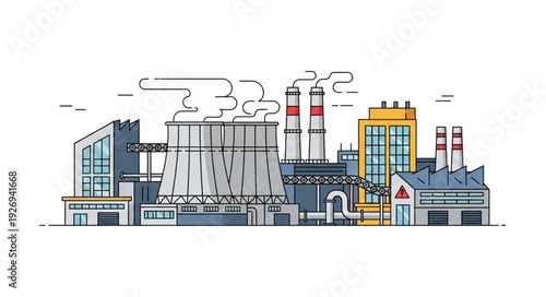 Illustration of a modern industrial complex with multiple buildings and smokestacks.
