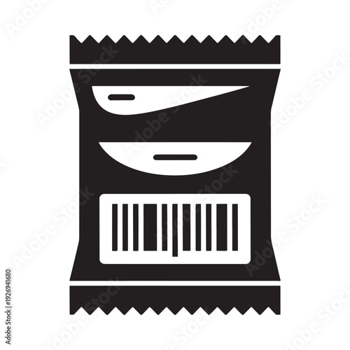 Simple black and white glyph depicting a sealed snack food package