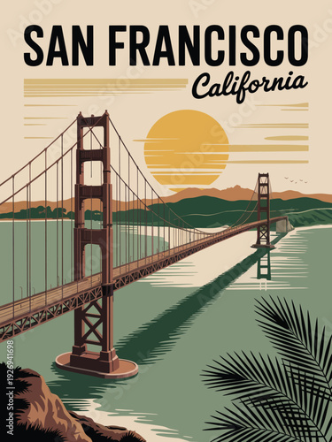 San Francisco Travel Poster, Retro Golden Gate Bridge Scene with Classic Typography and Timeless Tourism Illustration