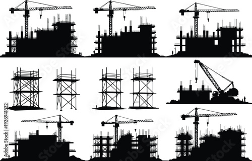 Construction site silhouette vector set, building framework scaffolding tower cranes and industrial machinery black isolated collection on white background
