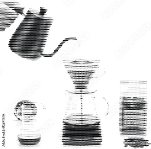 retro object black white monochrome moka pot radiant coffee halftone illustration
