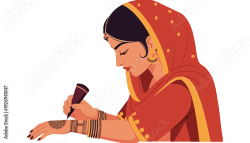 A woman in traditional Indian clothing applying henna to her hand with a cone