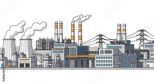 Industrial power plant with smoke stacks and electrical infrastructure.