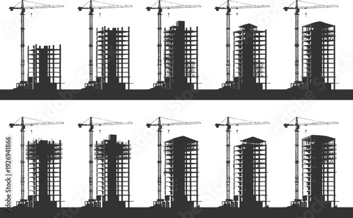 Construction site building process silhouette sequence, high rise structure development stages with tower cranes, vector illustration isolated on white background