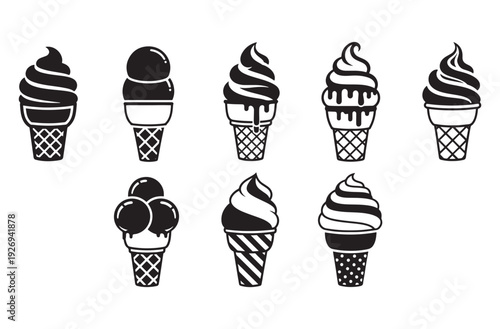 Ice cream cone set with diverse scoops and soft serve styles isolated on background featuring chocolate vanilla and fruit flavors perfect for summer menus and dessert design themes