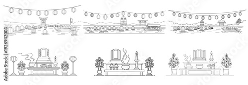 Hand Drawn Obon Festival Elements with Lantern Strings and Ancestral Altars, Japanese Summer Celebration Line Art Set