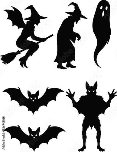 Halloween silhouette collection featuring witch, ghost, bats, and werewolf characters isolated on white background for spooky party decorations, horror design, and illustration projects