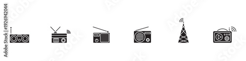 Wireless Radio Receiver and Broadcast Device Vector Set with Outline and Filled Styles for FM Audio Communication Collection