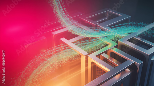 Abstract server farm hardware with glowing data streams flowing through metal enclosures representing cloud computing technology information processing high speed network infrastructure connectivity
