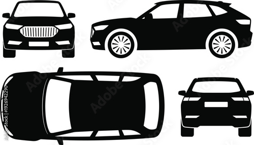 Modern SUV car silhouette collection featuring front side back and top view perspectives for automotive design isolated on white background