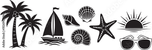 Black and white beach icons including palm trees sailboat starfish