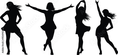 Set of female dancer silhouettes in various graceful poses, expressive movements, and elegant summer dresses isolated on white background.