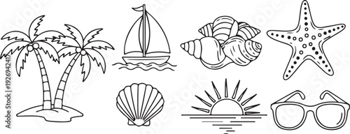 Black and white beach icons including palm trees sailboat starfish