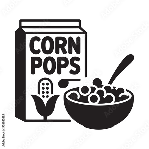 Simple black and white illustration of corn pops cereal and a bowl