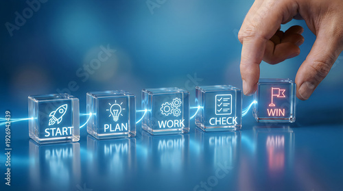 Hand arranging start plan work check win blocks on blue tech background for business success strategy and project management workflow