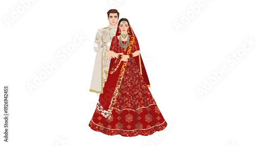 A traditional Indian couple illustration in elegant wedding attire standing together