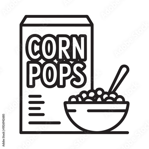 Line art illustration of a corn pops cereal box and bowl